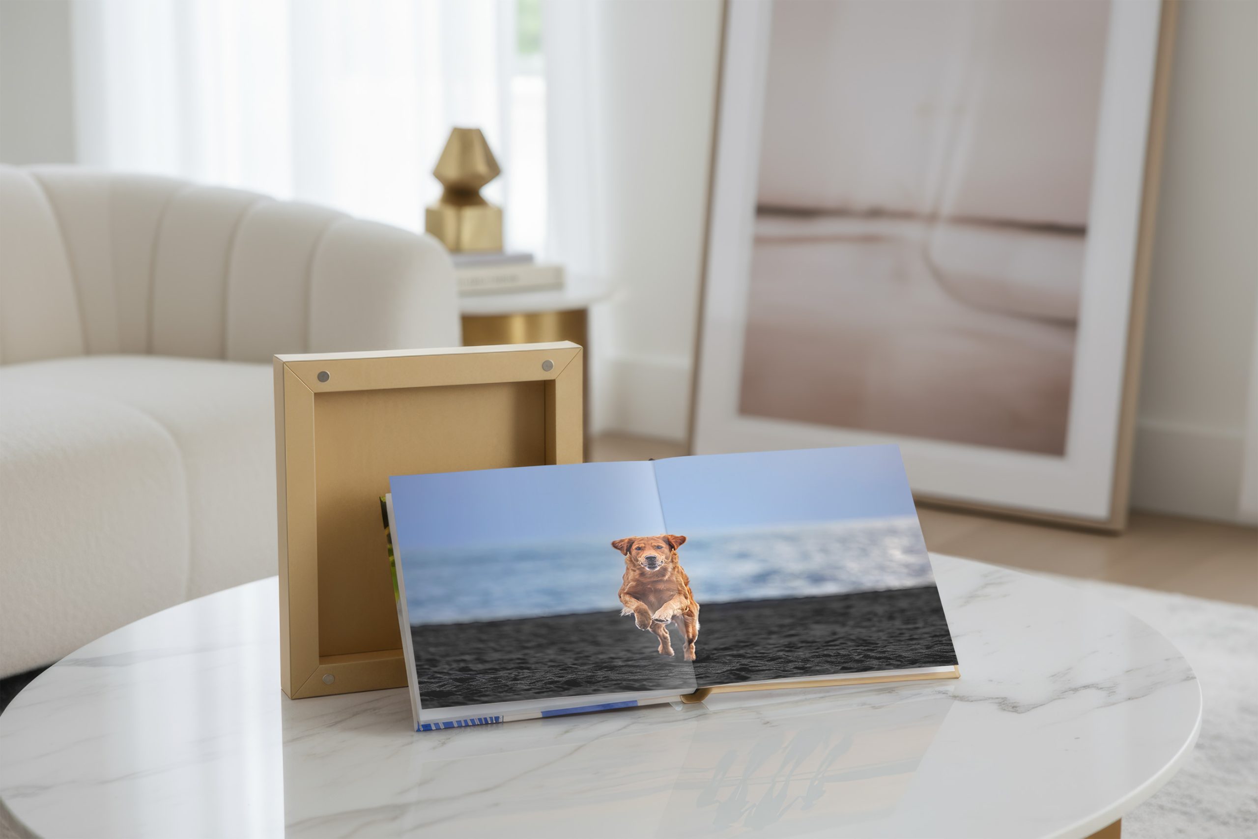 album on a tabletop with an image of a golden retriever